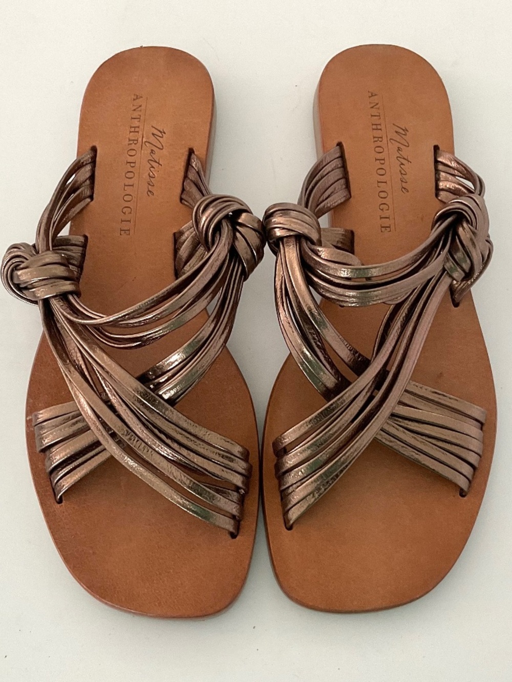 ANTHROPOLOGIE Matisse Mystic Metallic Bronze Knotted Leather Slide Sandal Size 7